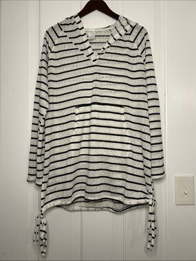 Kona Sol Black & White Striped semi-sheer V-Neck Hooded Tunic with Side Ties